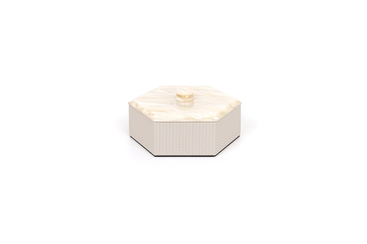 Kelly Leather Trinket Box, Exhagonal with Resin Mother-of-pearl Lid