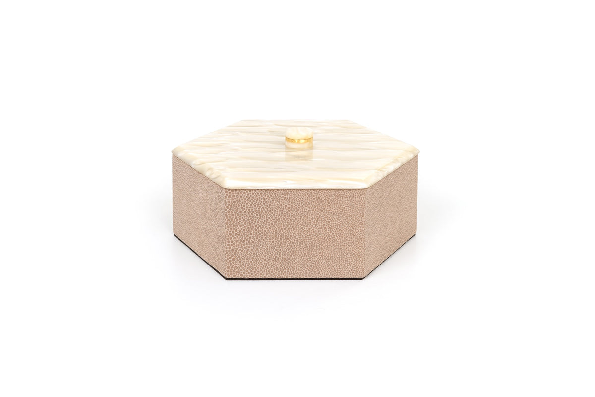 Kelly Leather Trinket Box, Exhagonal with Resin Mother-of-pearl Lid