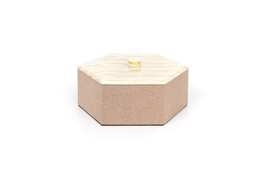 Kelly Leather Trinket Box, Exhagonal with Resin Mother-of-pearl Lid
