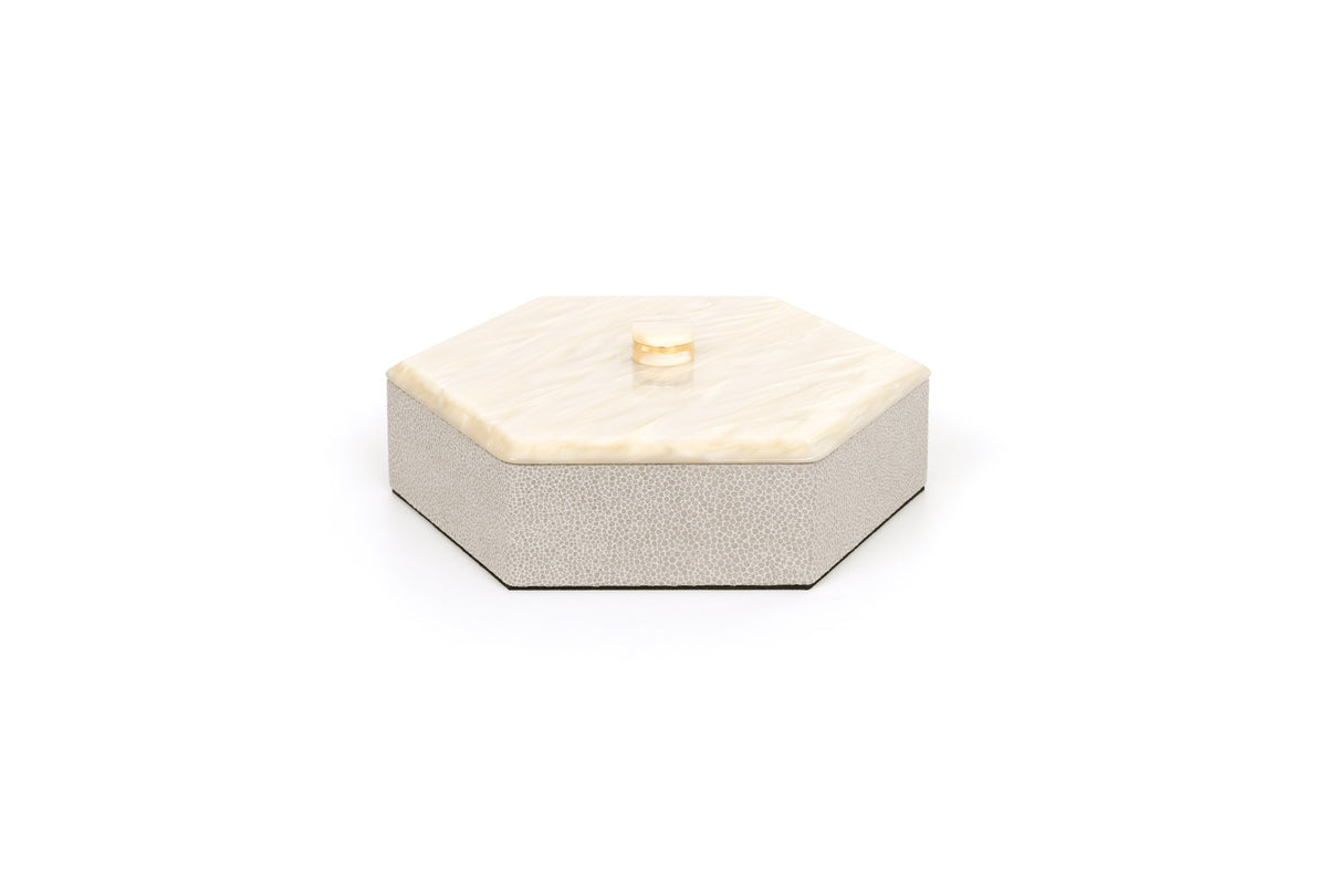 Kelly Leather Trinket Box, Exhagonal with Resin Mother-of-pearl Lid