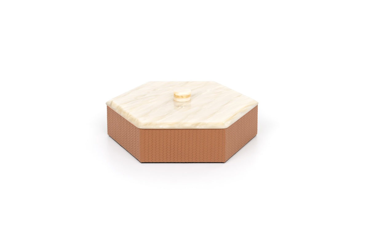 Kelly Leather Trinket Box, Exhagonal with Resin Mother-of-pearl Lid