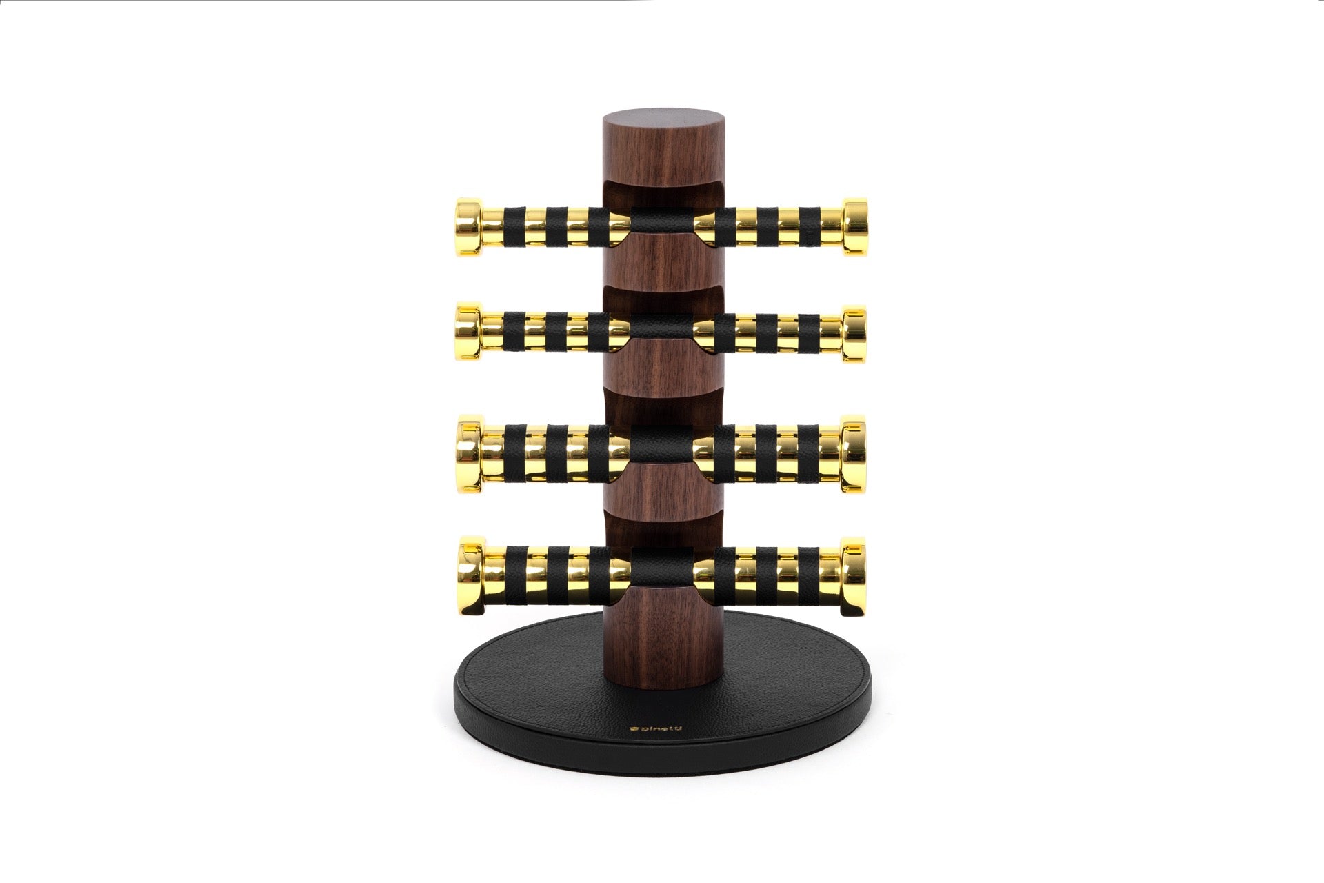 Pinetti × Pinetti Studio Dumbbells Stand | Walnut & Leather Base: Iron dumbbells wrapped in leather with a walnut wood stand, refined metal finishes, elegant gym accessory | Wellness / Fitness Accessories | 2Jour Concierge, your luxury lifestyle shop | luxury interiors, refined fitness, home gym décor, wellness design, boutique hotels, yacht décor, office décor, hospitality décor