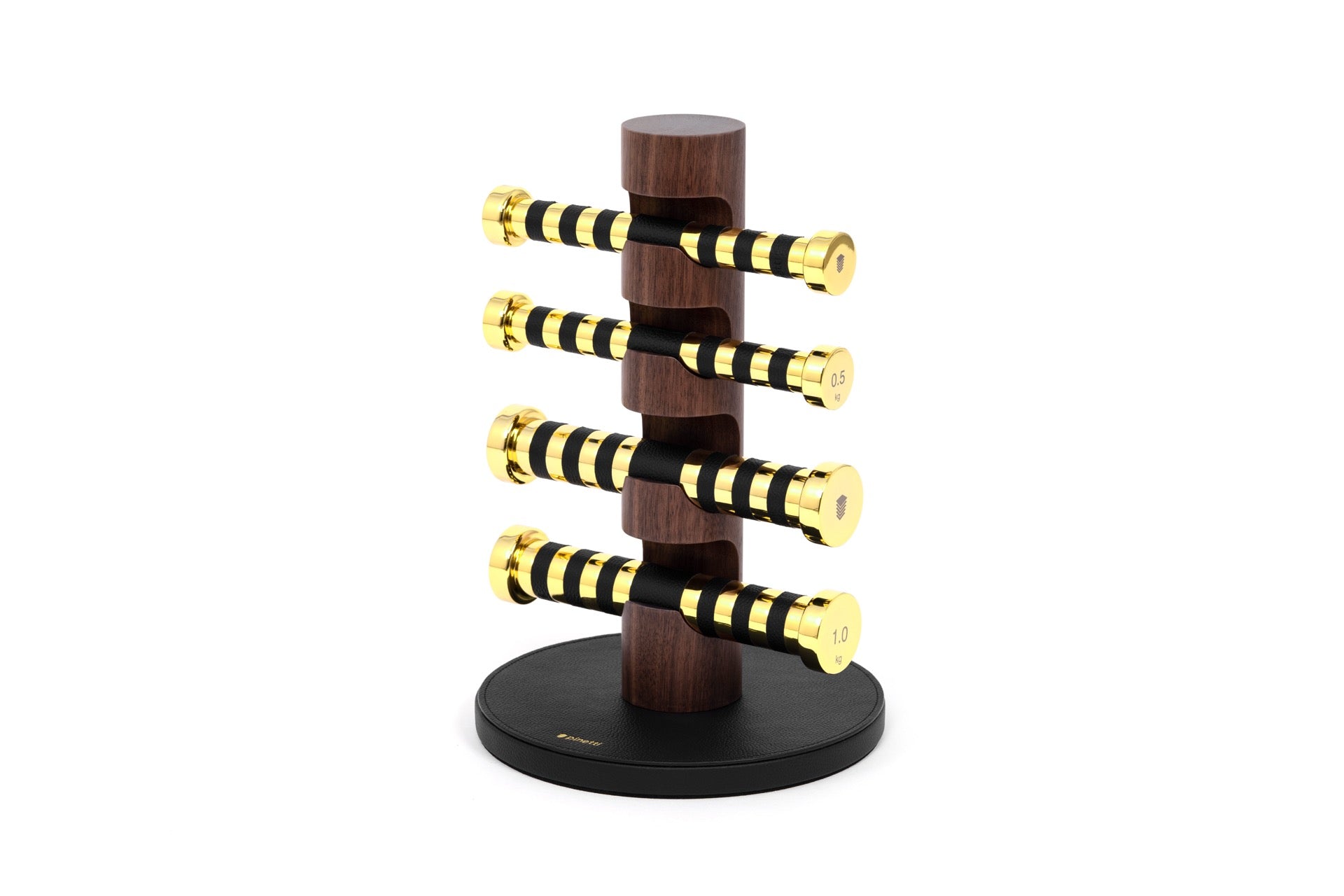 Pinetti × Pinetti Studio Dumbbells Stand | Walnut & Leather Base: Iron dumbbells wrapped in leather with a walnut wood stand, refined metal finishes, elegant gym accessory | Wellness / Fitness Accessories | 2Jour Concierge, your luxury lifestyle shop | luxury interiors, refined fitness, home gym décor, wellness design, boutique hotels, yacht décor, office décor, hospitality décor