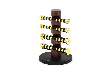 Pinetti × Pinetti Studio Dumbbells Stand | Walnut & Leather Base: Iron dumbbells wrapped in leather with a walnut wood stand, refined metal finishes, elegant gym accessory | Wellness / Fitness Accessories | 2Jour Concierge, your luxury lifestyle shop | luxury interiors, refined fitness, home gym décor, wellness design, boutique hotels, yacht décor, office décor, hospitality décor