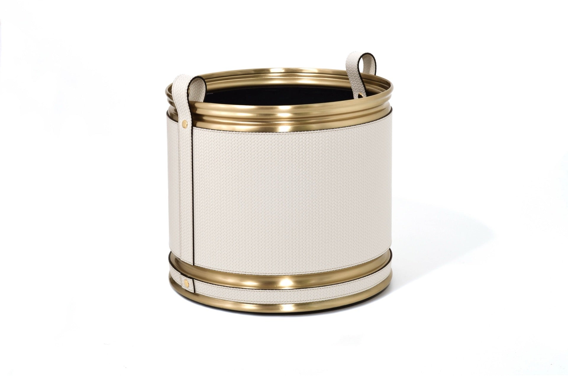 Pinetti | Leather-Covered Cachepot with Wheels: Leather-covered metal cachepot with handle and wheels, in two sizes and chrome, satin brass, or burnished finish | Living Room / Cachepots | 2Jour Concierge, your luxury lifestyle shop | luxury cachepot, designer plant pot cover, leather cachepot, Italian leather home accessories, premium indoor plant holder, Pinetti leather objects, high-end living room decor, leather plant pot, luxury interior planter, designer cachepot with wheels