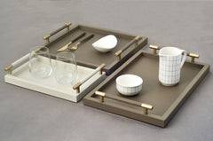Dedalo  Wood Base Leather-Covered Tray with Metal Handles Square
