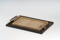 Dedalo  Wood Base Leather-Covered Tray with Metal Handles Medium