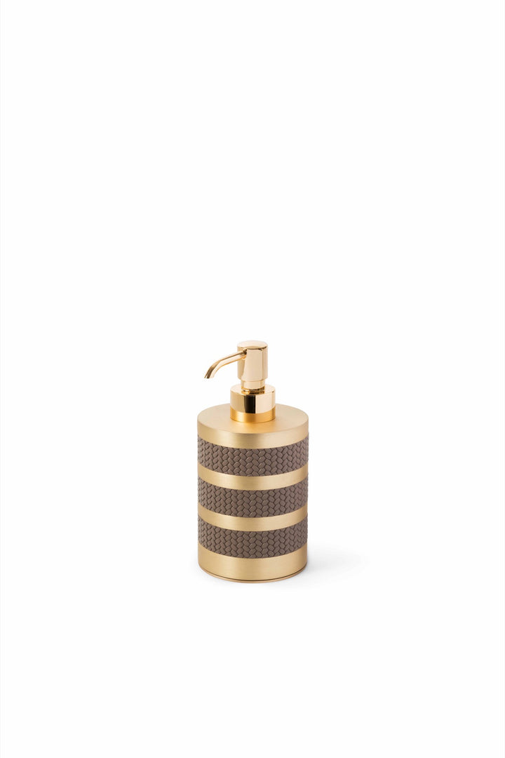 Pinetti | Saturno Soap Dispenser: brass and leather soap dispenser, satin brass, chrome or burnished | Bathroom | 2Jour Concierge, your luxury lifestyle shop | leather soap dispenser, brass soap dispenser, Pinetti Saturno, luxury bathroom accessories