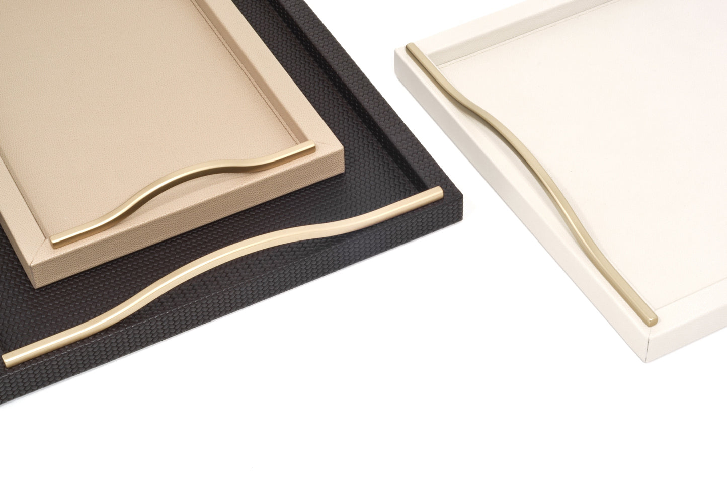 Pinetti Onda | Tray: Leather and wood with curved metal handles in chrome, burnished, or gold-toned finish and matte surface, available in square or rectangular formats, ideal for refined tabletop or lounge service | Tableware & Serveware / Trays | 2Jour Concierge, your luxury lifestyle shop
