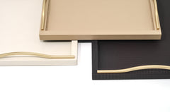 Onda Leather-Covered Wood Tray, Rectangular with Curved Metal Handles
