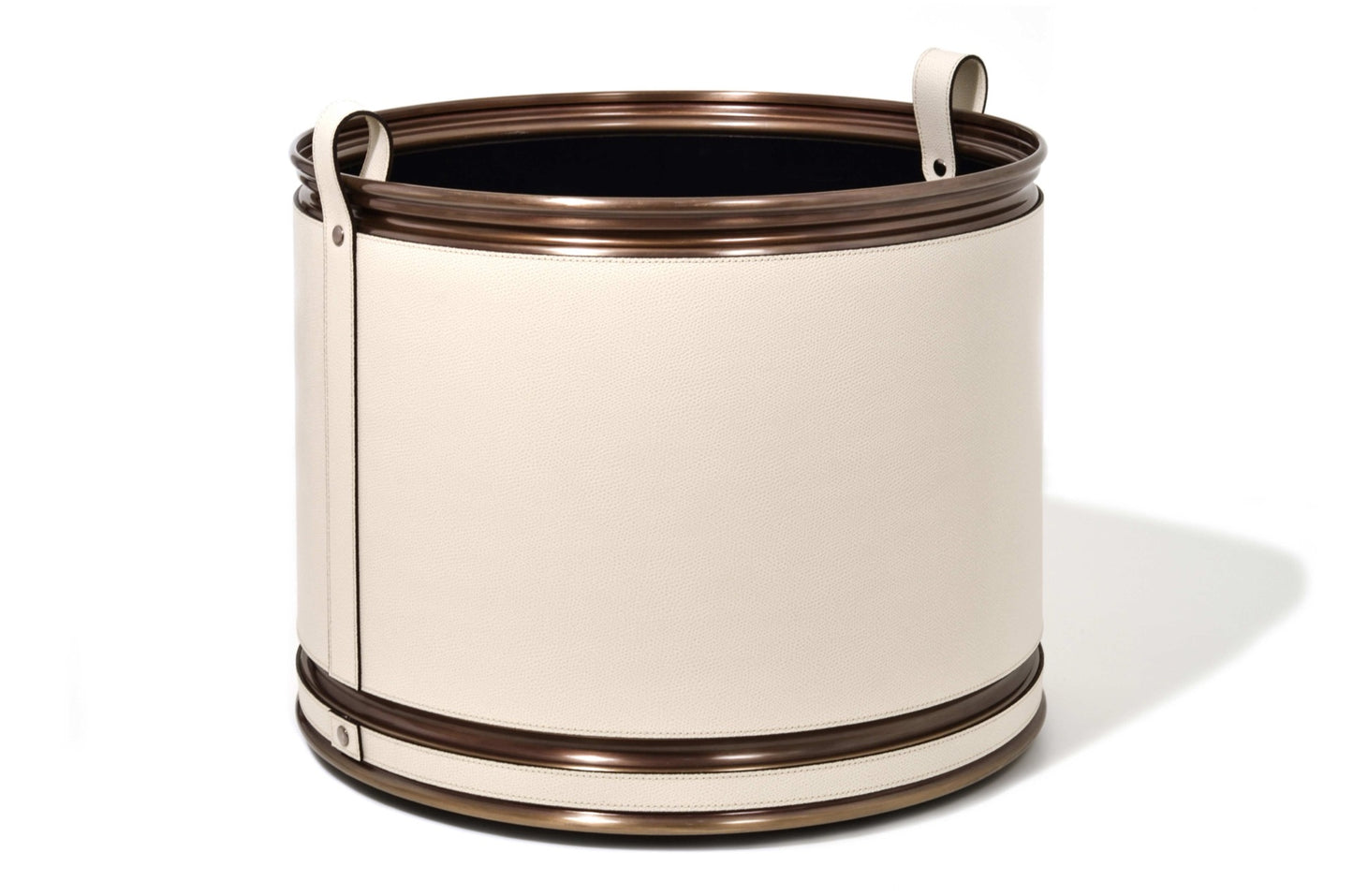 Pinetti | Leather-Covered Cachepot with Wheels: Leather-covered metal cachepot with handle and wheels, in two sizes and chrome, satin brass, or burnished finish | Living Room / Cachepots | 2Jour Concierge, your luxury lifestyle shop | luxury cachepot, designer plant pot cover, leather cachepot, Italian leather home accessories, premium indoor plant holder, Pinetti leather objects, high-end living room decor, leather plant pot, luxury interior planter, designer cachepot with wheels