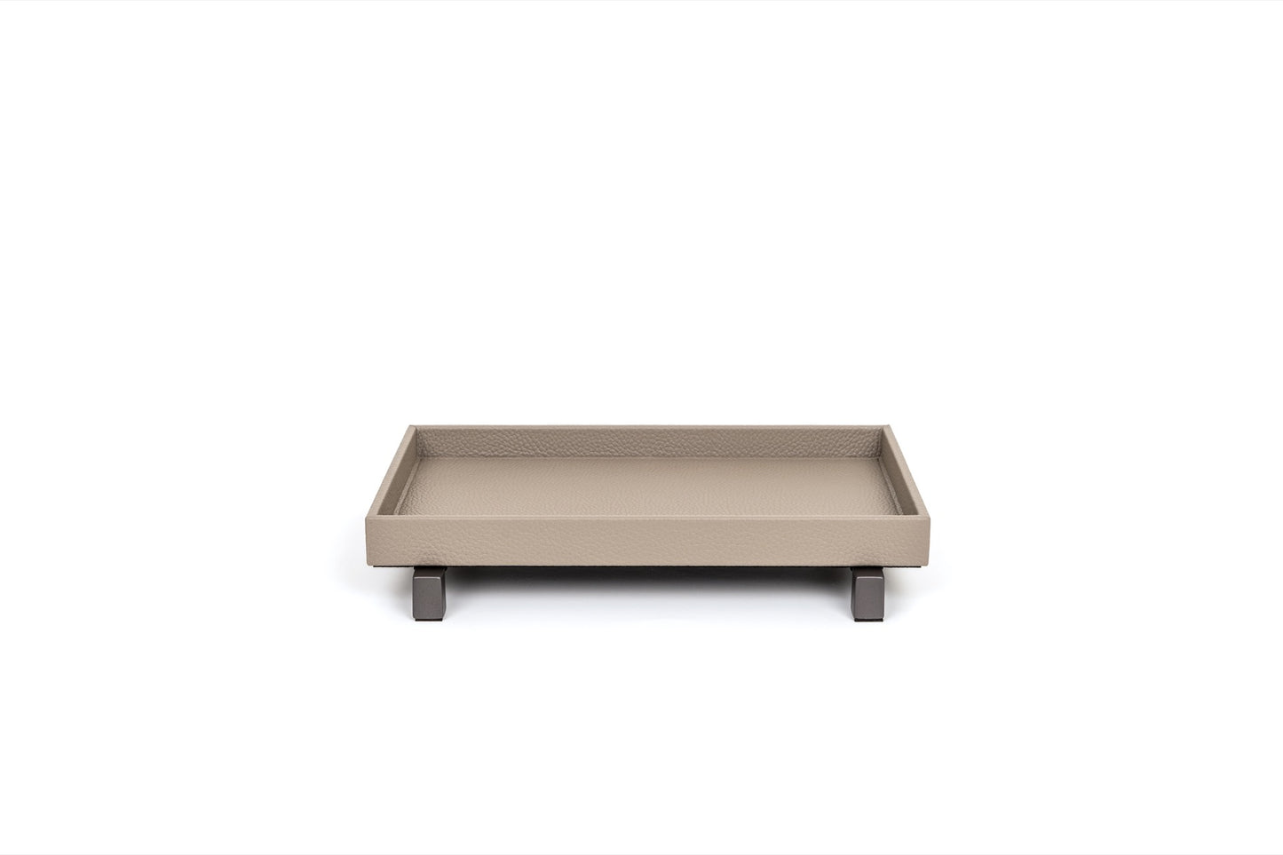 Pinetti | Rialto Leather Tray: Wood base covered in leather with metal feet in chrome, satin, or burnished finish, round and rectangular forms | Tabletop | 2Jour Concierge, your luxury lifestyle shop | luxury tray, Pinetti Rialto, leather tray with feet, raised leather tray, Italian luxury tabletop, designer serving tray, wood leather tray