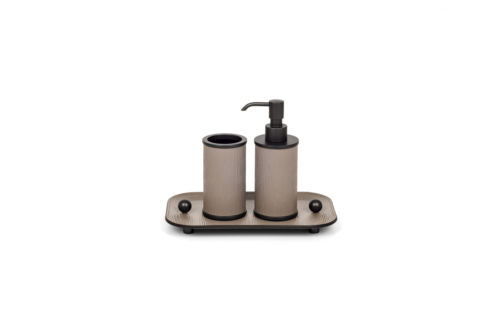 Olimpia Leather Covered Bathroom Set by Pinetti | Made in brass with shiny gold, burnished, or chromed finish | Consists of items available separately: soap dispenser, toothbrush holder, small box, large box | Home Decor Bathroom Accessories | 2Jour Concierge, your luxury lifestyle shop