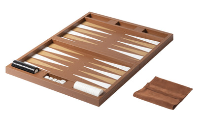 Riviere Eva Handwoven Backgammon Case | Leather-covered case with padded handwoven leather lid and inlaid leather playing field | Includes two sets of shiny plexiglass backgammon checkers, 4 dice, and a doubling cube | Comes with a fine suede bag for storing pieces | Elegant and timeless design | Home Decor and Games | 2Jour Concierge, your luxury lifestyle shop