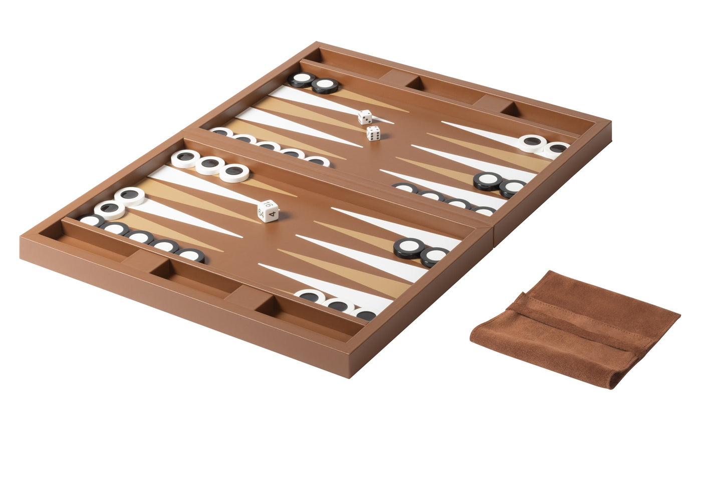 Riviere Eva Handwoven Backgammon Case | Leather-covered case with padded handwoven leather lid and inlaid leather playing field | Includes two sets of shiny plexiglass backgammon checkers, 4 dice, and a doubling cube | Comes with a fine suede bag for storing pieces | Elegant and timeless design | Home Decor and Games | 2Jour Concierge, your luxury lifestyle shop