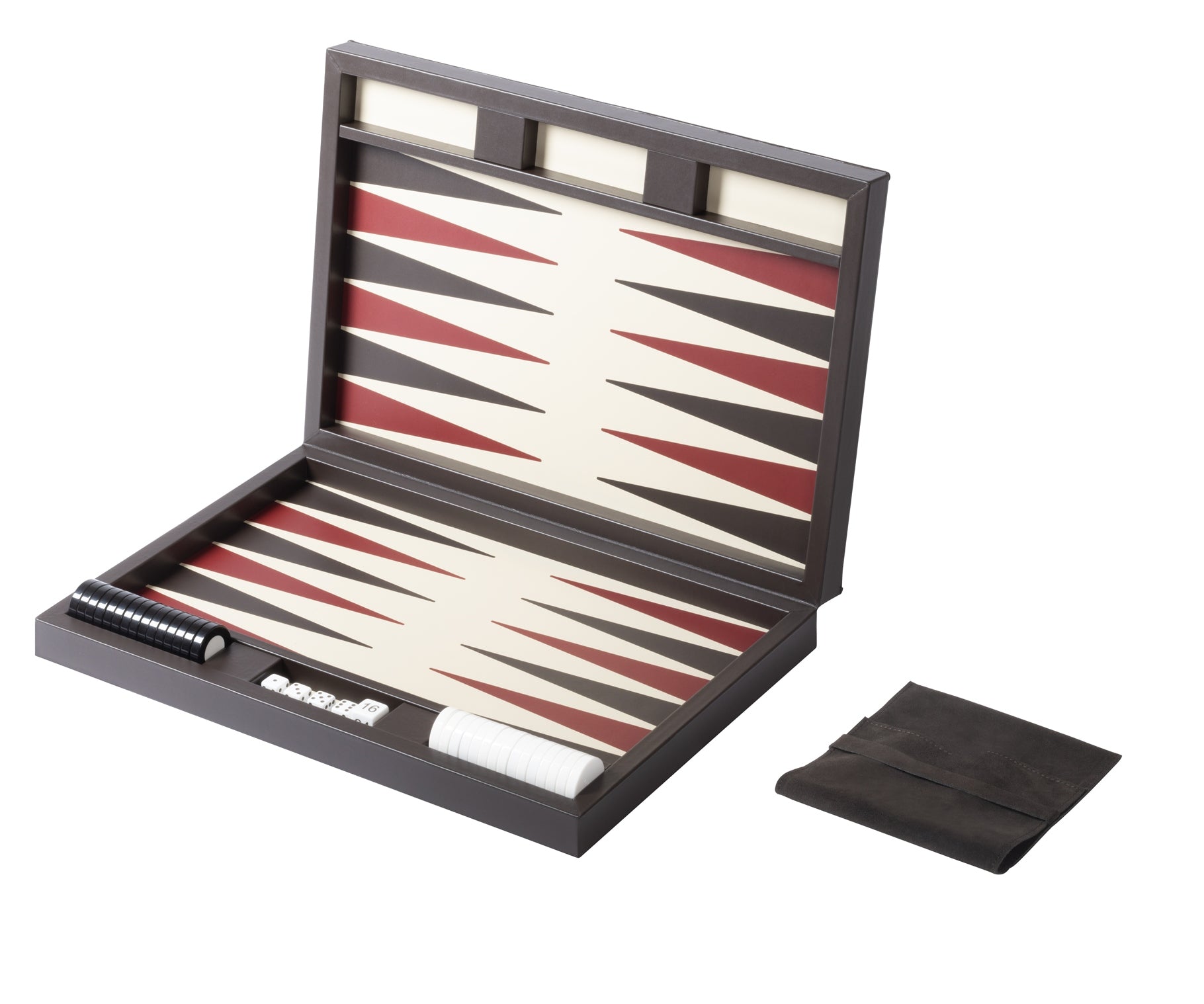 Riviere Eva Lines Backgammon Case | Leather-covered case with quilted lines padded leather lid and inlaid leather playing field | Includes two sets of shiny plexiglass backgammon checkers, 4 dice, and a doubling cube | Comes with a fine suede bag for storing pieces | Elegant and sophisticated design | Home Decor and Games | 2Jour Concierge, your luxury lifestyle shop