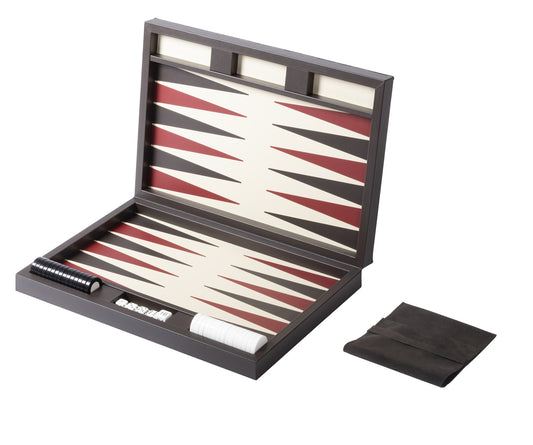Riviere Eva Lines Backgammon Case | Leather-covered case with quilted lines padded leather lid and inlaid leather playing field | Includes two sets of shiny plexiglass backgammon checkers, 4 dice, and a doubling cube | Comes with a fine suede bag for storing pieces | Elegant and sophisticated design | Home Decor and Games | 2Jour Concierge, your luxury lifestyle shop