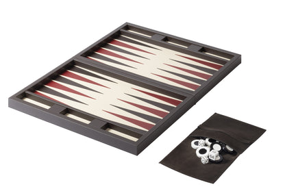 Riviere Eva Lines Backgammon Case | Leather-covered case with quilted lines padded leather lid and inlaid leather playing field | Includes two sets of shiny plexiglass backgammon checkers, 4 dice, and a doubling cube | Comes with a fine suede bag for storing pieces | Elegant and sophisticated design | Home Decor and Games | 2Jour Concierge, your luxury lifestyle shop