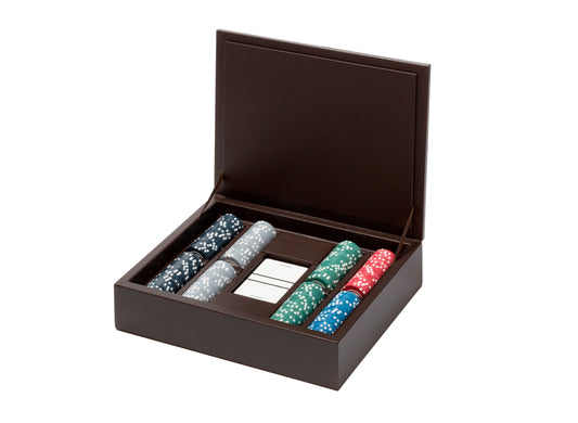 Riviere Eva Classic Leather Poker Game Set | Classic Design with Stitched Padded Leather Lid | Includes Deck of High-Quality Playing Cards and Ceramic Poker Chips | Explore a Range of Luxury Poker Game Sets at 2Jour Concierge, #1 luxury high-end gift & lifestyle shop