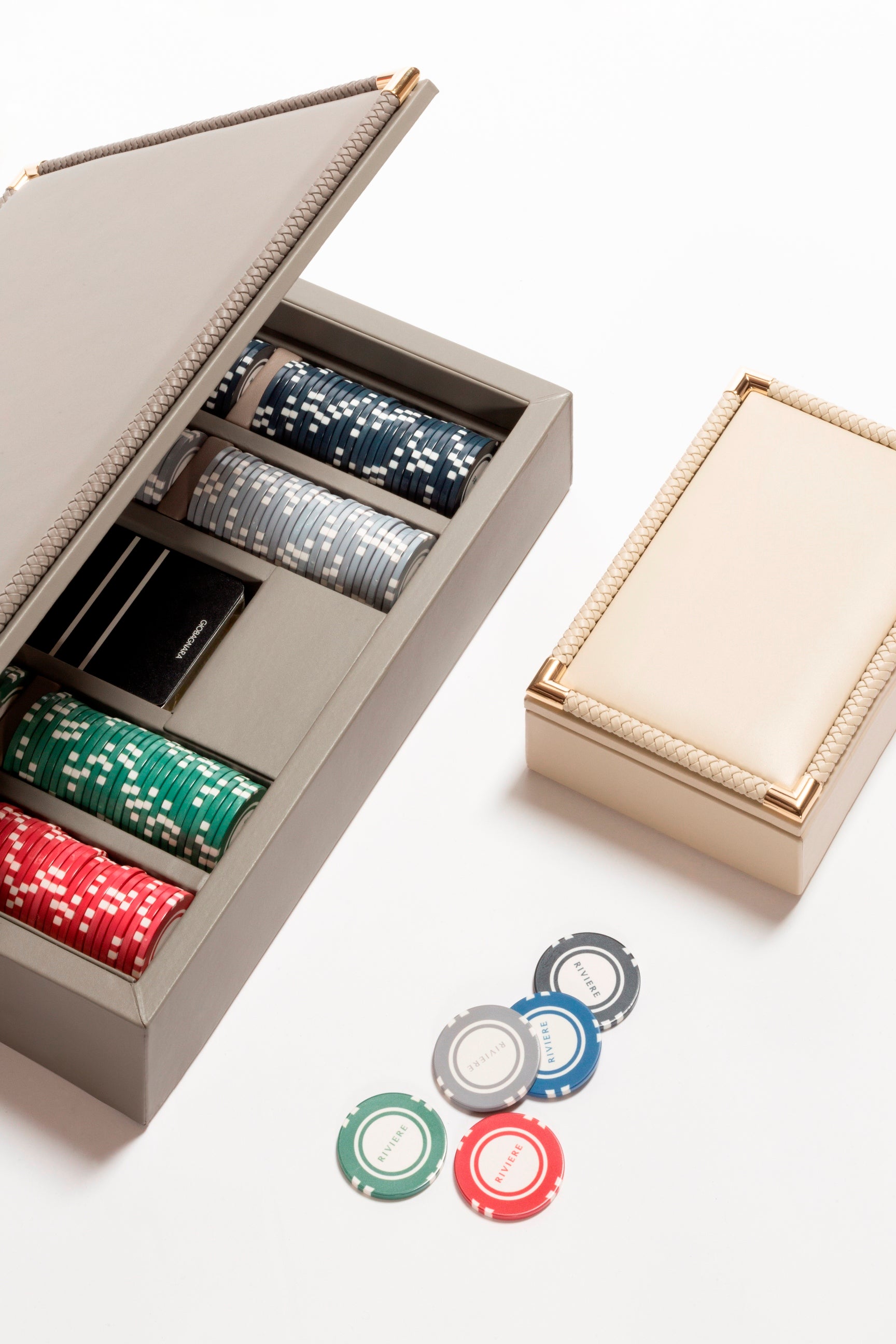 Riviere Thea Leather-Covered Poker Game Set With Braided Trim | Elegant Design with Braided Leather Trim and Metal Details | Includes 2 Decks of High-Quality Playing Cards | Explore a Range of Luxury Poker Game Sets at 2Jour Concierge, #1 luxury high-end gift & lifestyle shop