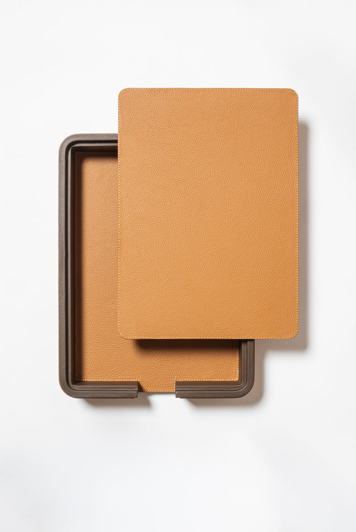 x Poltrona Frau Leather-Covered Wood A4 Paper Tray With Lid
