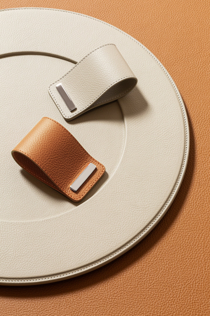 Giobagnara x Poltrona Frau Leather Napkin Ring | All-Leather Structure with Polished Chrome Closing | Elevates Table Decor with Subtle Elegance | Made in Pelle Frau® Leather | Discover Luxury Table Accessories at 2Jour Concierge, #1 luxury high-end gift & lifestyle shop