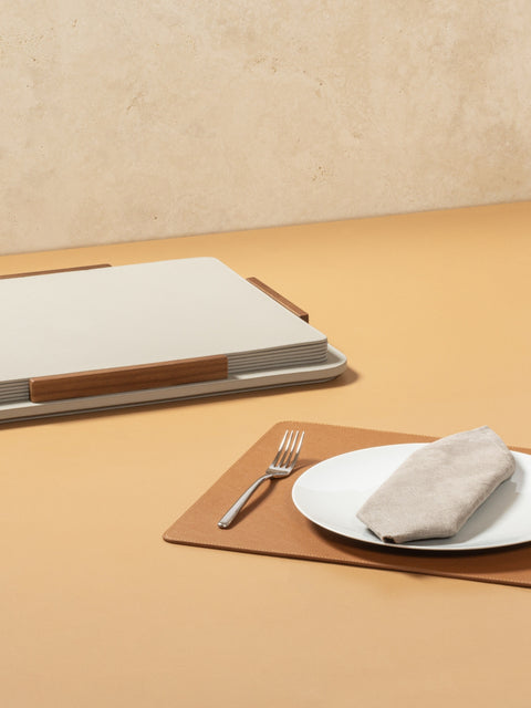 Giobagnara x Poltrona Frau Placemat Holder With 6 Placemats | All-Leather Placemats | Leather-Covered Placemat Holder with Walnut Wood Inserts | Stylish and Elegant Dining Accessories | Explore a Range of Luxury Home Decor at 2Jour Concierge, #1 luxury high-end gift & lifestyle shop