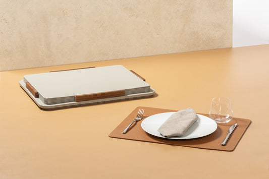 Giobagnara x Poltrona Frau Placemat Holder With 6 Placemats | All-Leather Placemats | Leather-Covered Placemat Holder with Walnut Wood Inserts | Stylish and Elegant Dining Accessories | Explore a Range of Luxury Home Decor at 2Jour Concierge, #1 luxury high-end gift & lifestyle shop