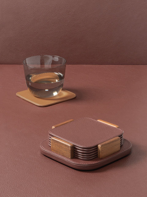 Giobagnara x Poltrona Frau Coaster Holder With 6 Coasters | All-Leather Coasters | Leather-Covered Coaster Holder with Walnut Wood Inserts | Stylish and Elegant Home Accessories | Explore a Range of Luxury Home Decor at 2Jour Concierge, #1 luxury high-end gift & lifestyle shop