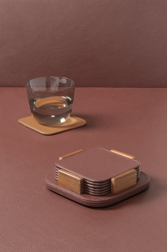 Giobagnara x Poltrona Frau Coaster Holder With 6 Coasters | All-Leather Coasters | Leather-Covered Coaster Holder with Walnut Wood Inserts | Stylish and Elegant Home Accessories | Explore a Range of Luxury Home Decor at 2Jour Concierge, #1 luxury high-end gift & lifestyle shop