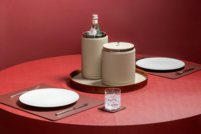 Giobagnara x Poltrona Frau ice bucket | Leather-covered wood structure with insulated double-chamber brass and stainless steel insert | Chrome-plated finish ensures beverages stay chilled for hours | Ideal for both casual and special occasions | Entirely made in Pelle Frau® | Barware & accessories | 2Jour Concierge, your luxury lifestyle shop
