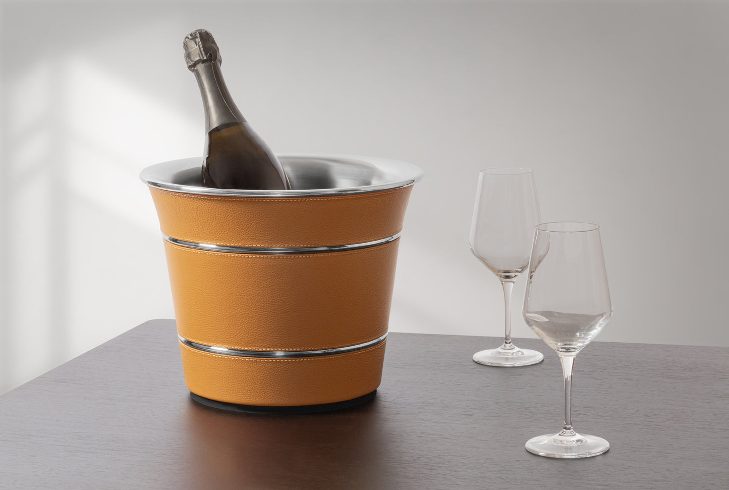 Giobagnara x Poltrona Frau Leather Champagne Bucket | Insulated Double-Chamber Polished Steel Structure | Elegant Leather Detailing | Sturdy and Stylish Design | Made in Pelle Frau® Leather | Elevate Your Champagne Experience at 2Jour Concierge, #1 luxury high-end gift & lifestyle shop
