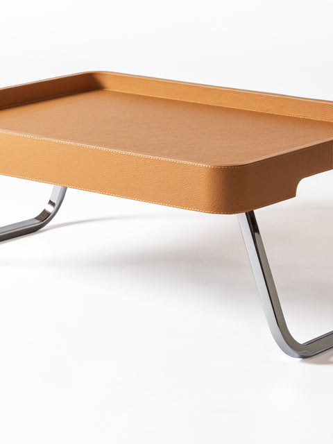 x Poltrona Frau Leather-Covered Wood Bed Tray with Chrome Metal Finishing