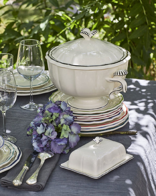 Les Filets Earthenware Soup Tureen with Hand-Painted Rim