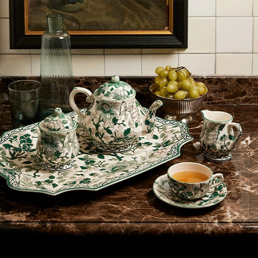 Pivoines Vertes Earthenware Sugar Bowl with Hand-Painted Green Floral Motif