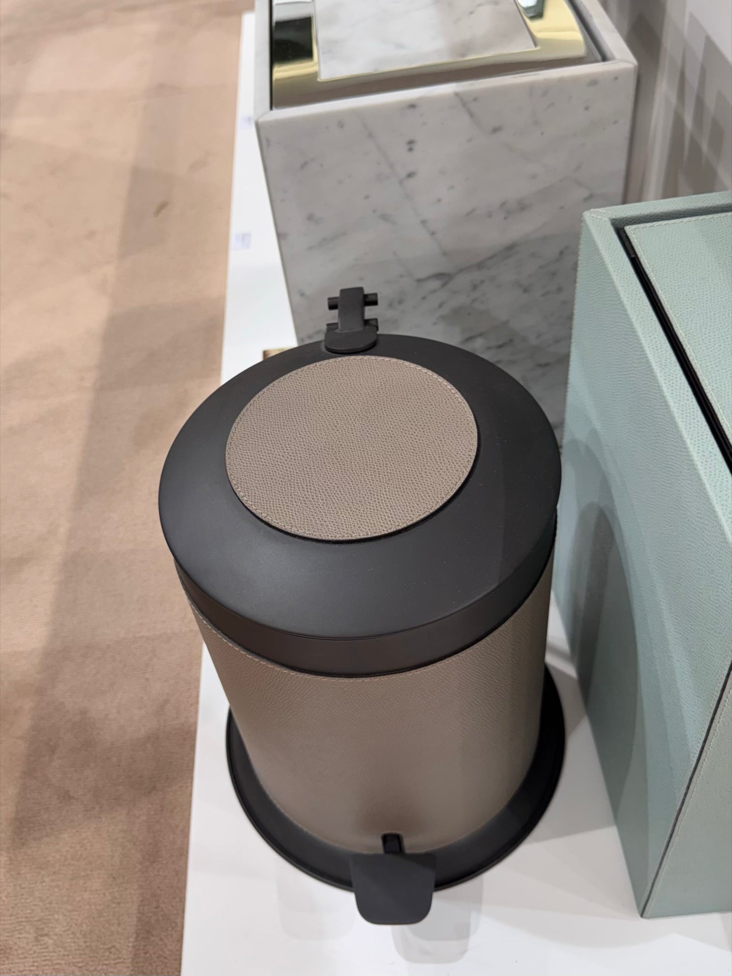 Giobagnara Bebop Metal Pedal Bin With Leather Inserts And Removable Container | Elegant metal pedal bin accented with luxurious leather details | Features a convenient removable container for easy cleaning | Discover premium home essentials at 2Jour Concierge, your destination for luxury lifestyle products