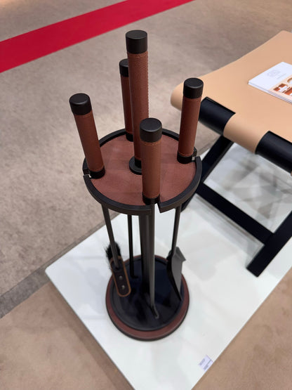 Giobagnara | Positano Fireplace Set: Metal structure with leather inserts, slender elongated silhouettes — brush, poker, tongs, coal shovel | Decor | 2Jour Concierge, your luxury lifestyle shop | luxury fireplace set, Giobagnara Positano, leather fireplace tools, Italian designer fireplace accessories