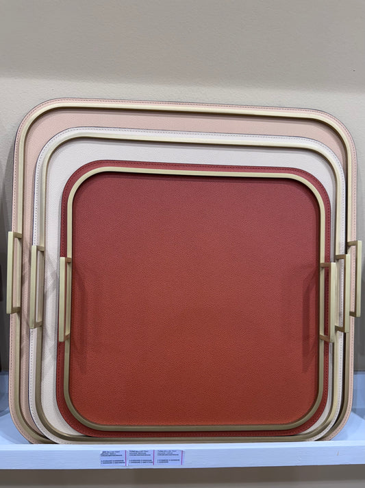 Bellini Leather-Covered Metal Tray, Square with Metal Frame and Handles