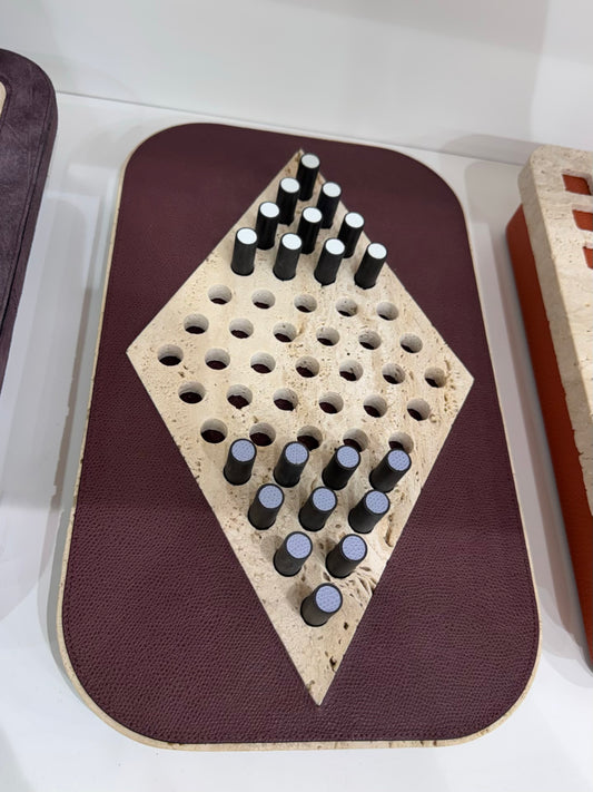 Giobagnara | Delos Chinese Checkers Set Marble: Leather-covered marble board with metal playing pieces with leather inserts — arabescato white or travertino | Game Room | 2Jour Concierge, your luxury lifestyle shop | luxury chinese checkers marble, Giobagnara Delos, marble game set, Italian designer board game