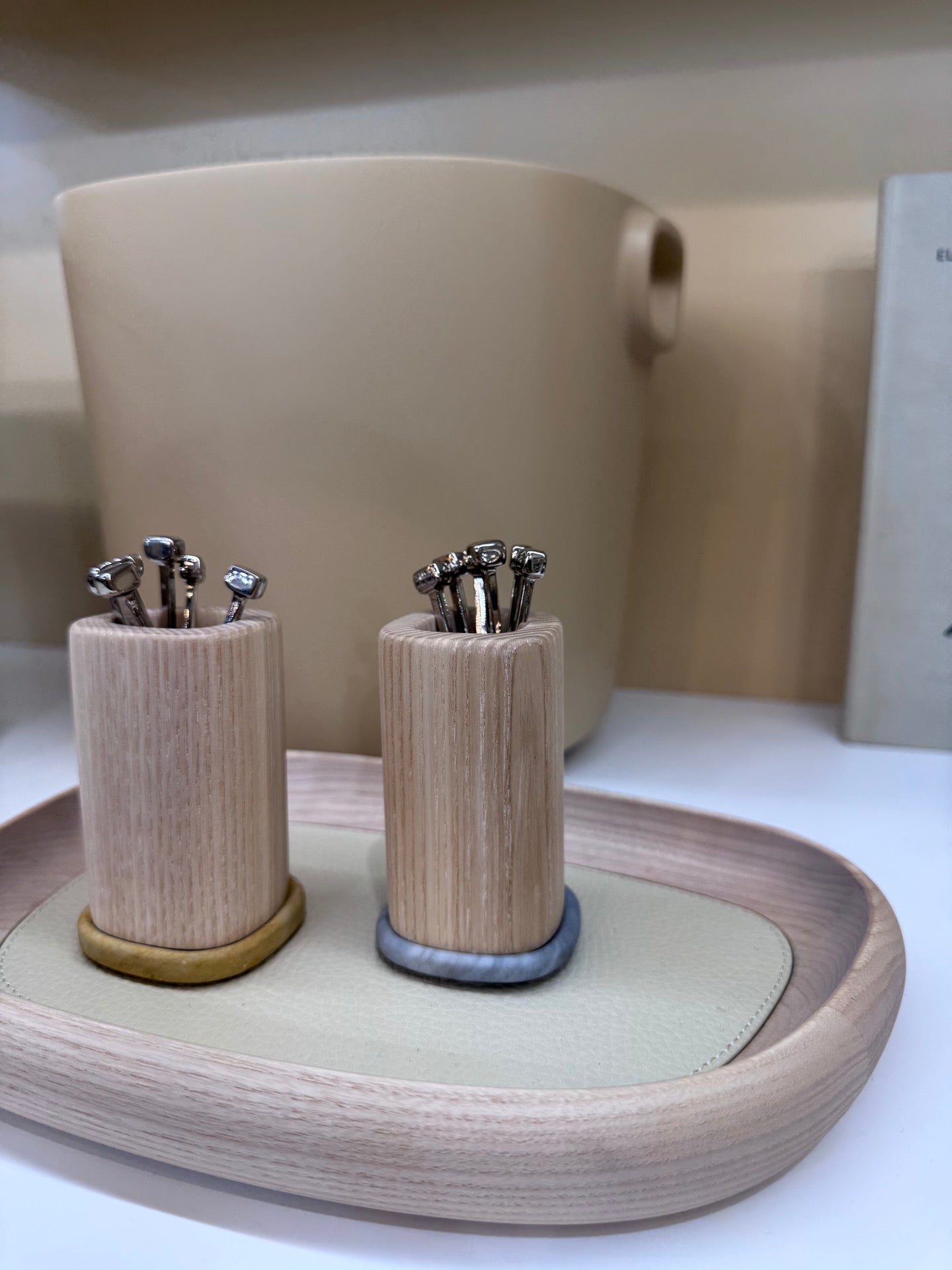 x Kelly Wearstler Maris Wood Cocktail Picks Holder with Marble Base & 6 Cocktail Picks