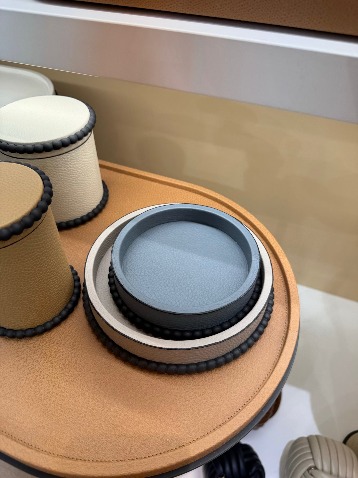 Perla Leather-Covered Valet Tray, Round with Beaded Profile