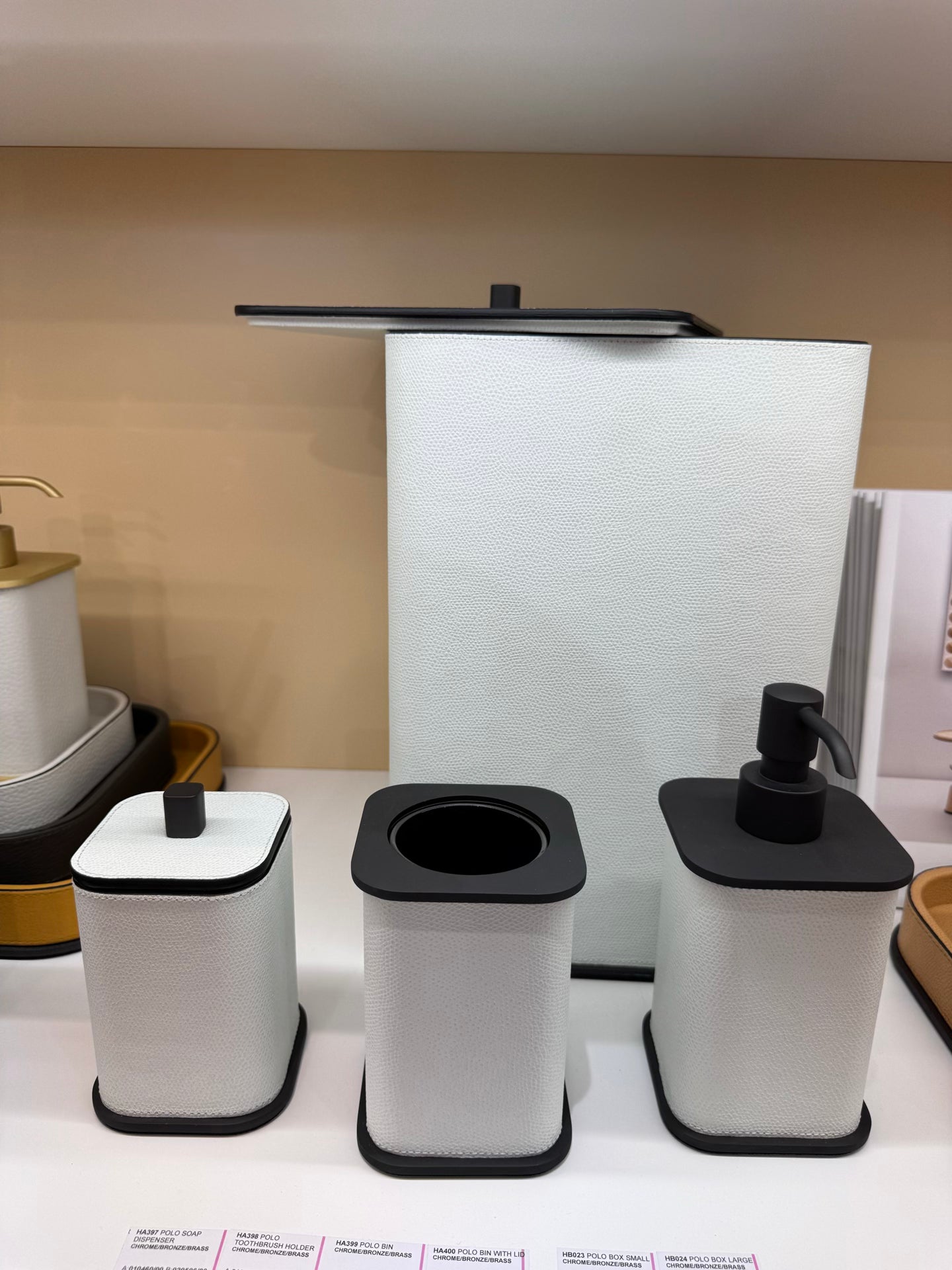 Giobagnara | Polo Leather Bin: Leather-covered solid brass bin with metal details, removable plexiglass inner container | The Bathroom | 2Jour Concierge, your luxury lifestyle shop | luxury bathroom bin, Giobagnara Polo, leather waste bin, Italian designer bin, bathroom bin with lid