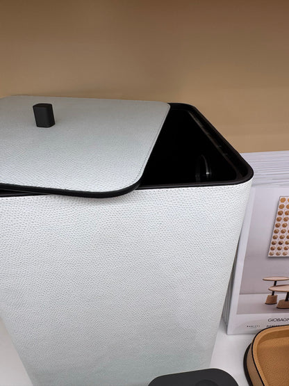 Giobagnara | Polo Leather Bin: Leather-covered solid brass bin with metal details, removable plexiglass inner container | The Bathroom | 2Jour Concierge, your luxury lifestyle shop | luxury bathroom bin, Giobagnara Polo, leather waste bin, Italian designer bin, bathroom bin with lid