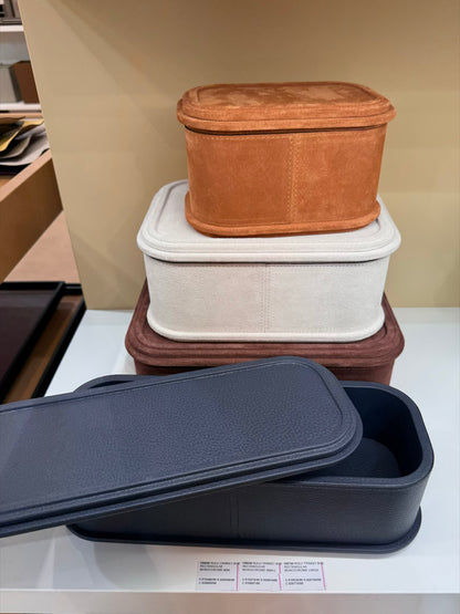 Giobagnara | Rolli Trinket Box: Leather-covered box with layered architectural profiles, monochrome and bicolor, in square, rectangular, long rectangular, and round forms | Decor | 2Jour Concierge, your luxury lifestyle shop | luxury trinket box, Giobagnara Rolli, architectural leather box, Italian designer box