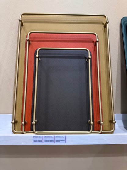 Rondò Leather-Covered Metal Tray Rectangular with Brass Frame and Handles