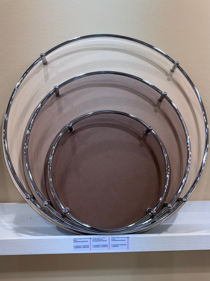 Rondò Leather-Covered Metal Tray Round with Brass Frame and Handles