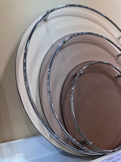 Rondò Leather-Covered Metal Tray Round with Brass Frame and Handles