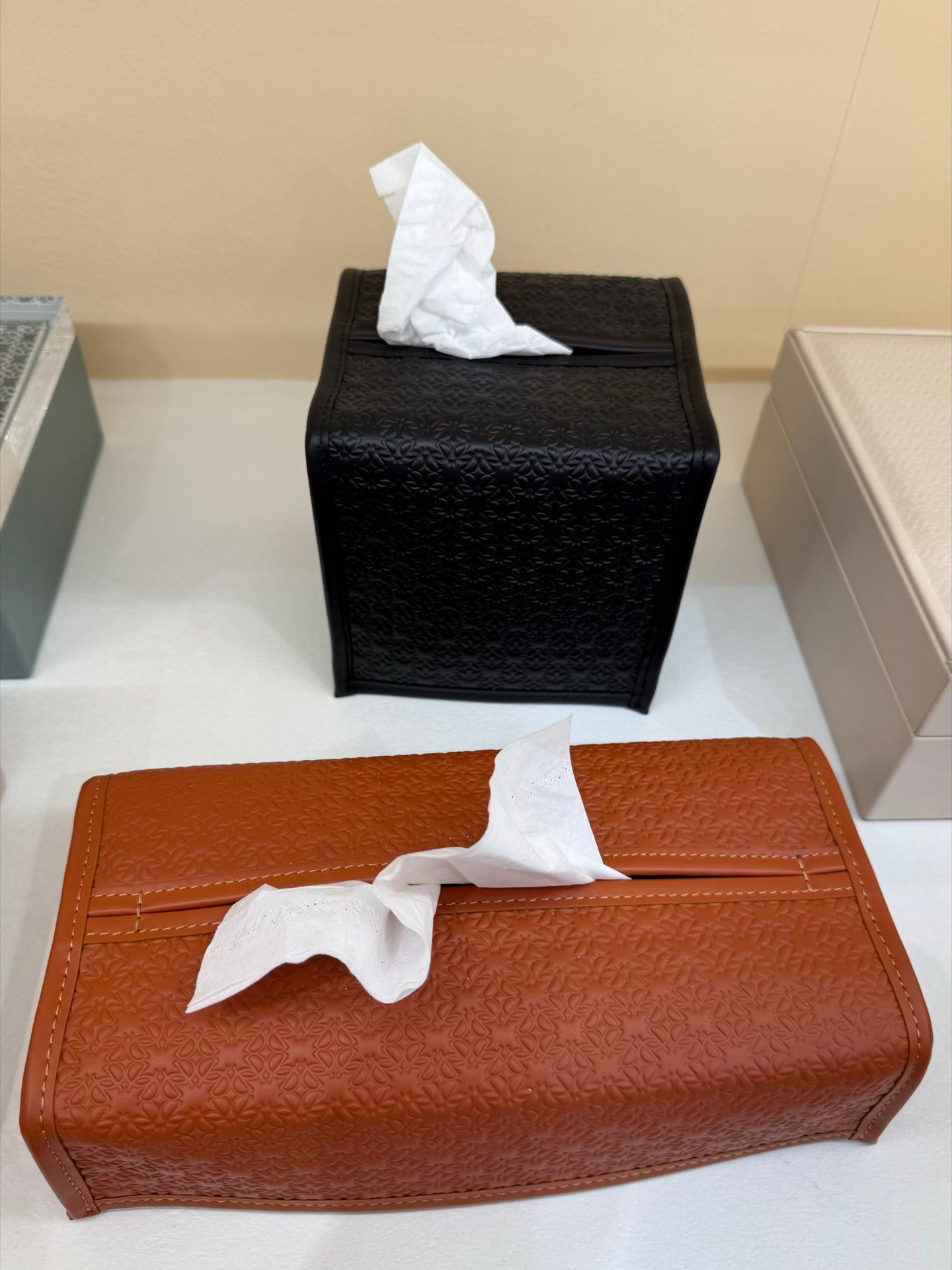 Giobagnara x Elie Saab Monogram Tissue Holder | Leather tissue box cover featuring the Elie Saab Monogram pattern | Available in rectangular and square shapes | Home Accessories | 2Jour Concierge, your luxury lifestyle shop