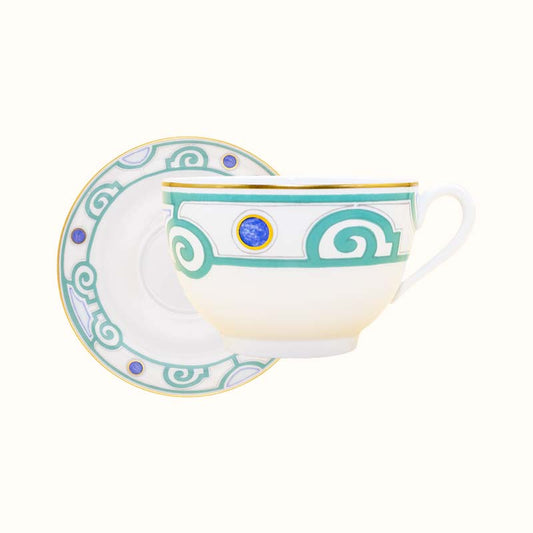 Robert Haviland & C. Parlon Grand Parc | Breakfast Cup & Saucer: Fine Limoges porcelain with turquoise scroll motif and smooth, glazed finish, perfect for enjoying tea, coffee, or hot chocolate at breakfast | Tableware & Serveware / Cups & Mugs | 2Jour Concierge, your luxury lifestyle shop
