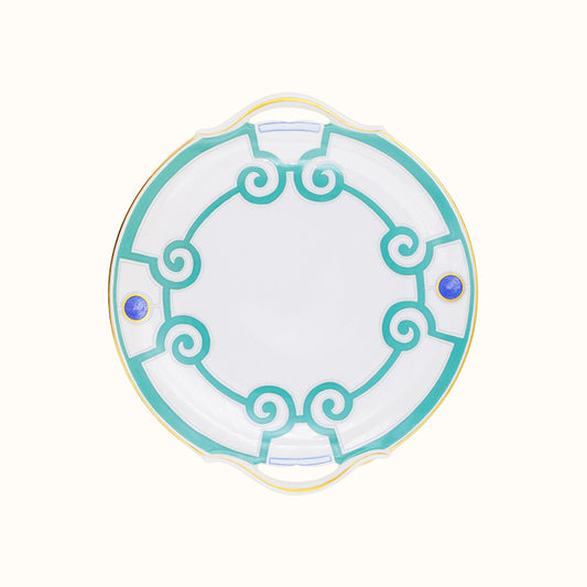 Robert Haviland & C. Parlon Grand Parc | Round Cake Dish with Handles: Fine Limoges porcelain with turquoise scroll motif and smooth, glazed finish, ideal for serving cakes or pastries with elegance | Tableware & Serveware / Cake Stands & Serving Dishes | 2Jour Concierge, your luxury lifestyle shop